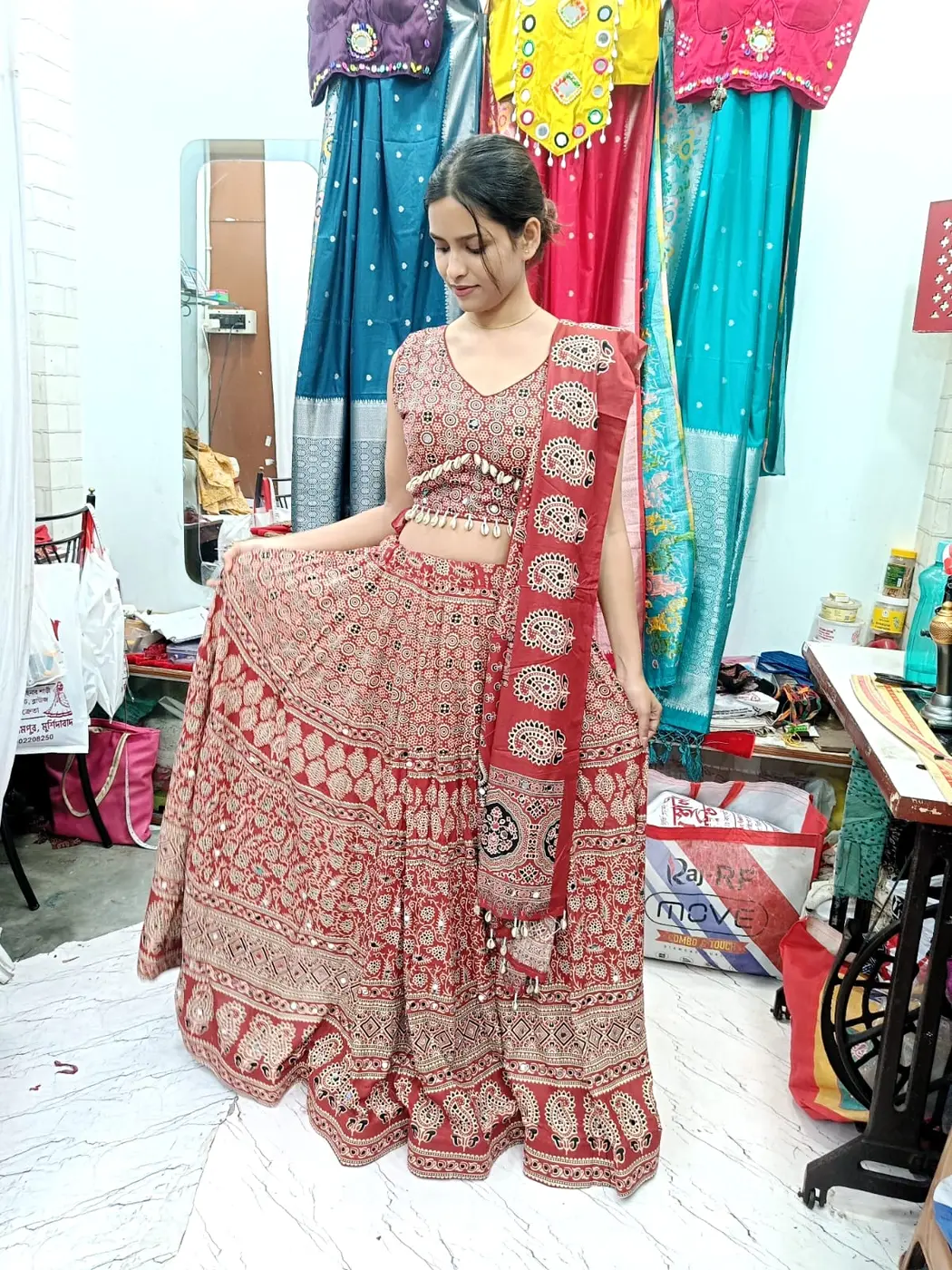 Ajrakh Mirror-Work Chaniya Choli with Cowrie Detailing — view 2
